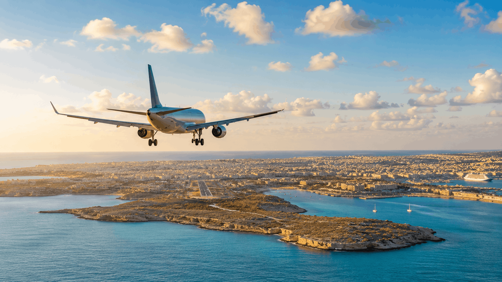Airplane approaching Malta International Airport over the Mediterranean