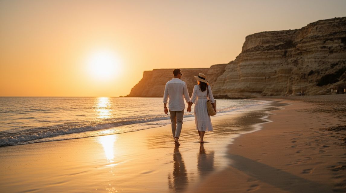 Stylish couple walking along the water's edge at one of the best beaches in Malta during sunset