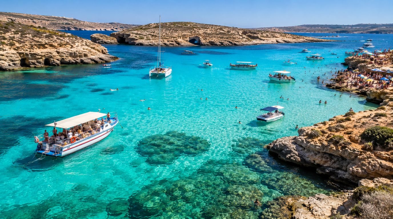 Blue Lagoon, Comino, Malta, with crystal clear turquoise water and boats