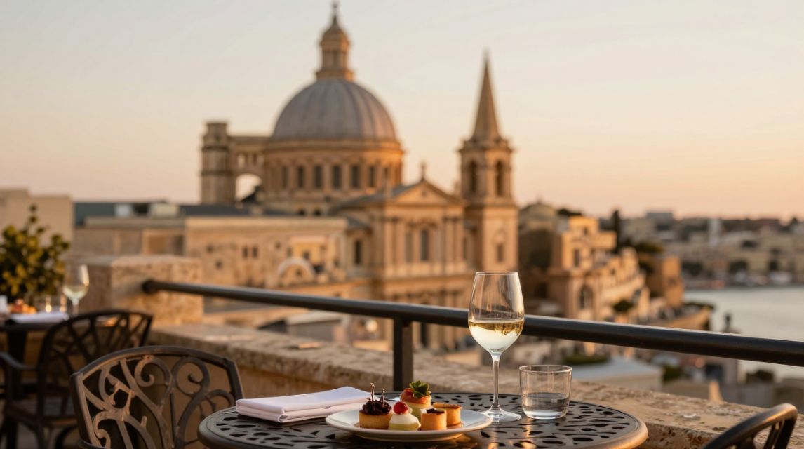 Rooftop terrace of a luxury boutique hotel in Valletta, a top choice for forfaits vacances La Valette.