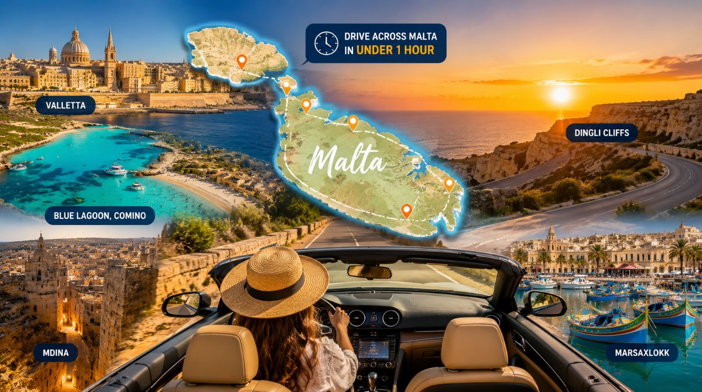 Map-like coastal view of Malta showing towns close together