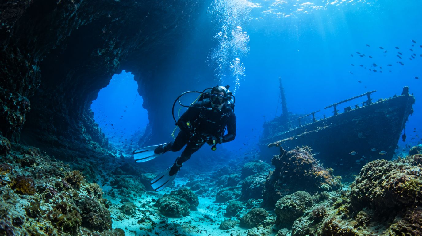 Diver exploring clear blue waters and underwater caves in Malta