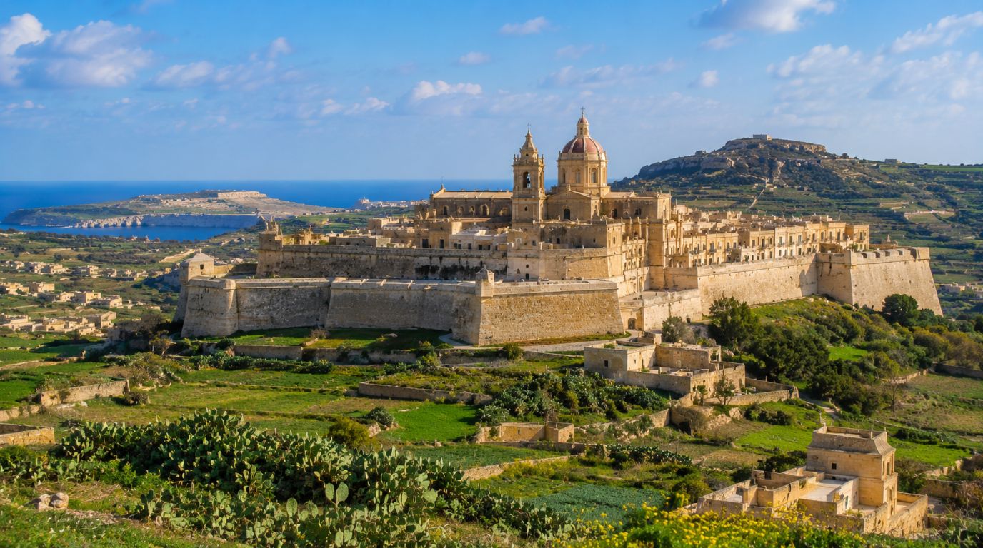 Gozo, Malta, Cittadella, Victoria, with countryside views and historic walls