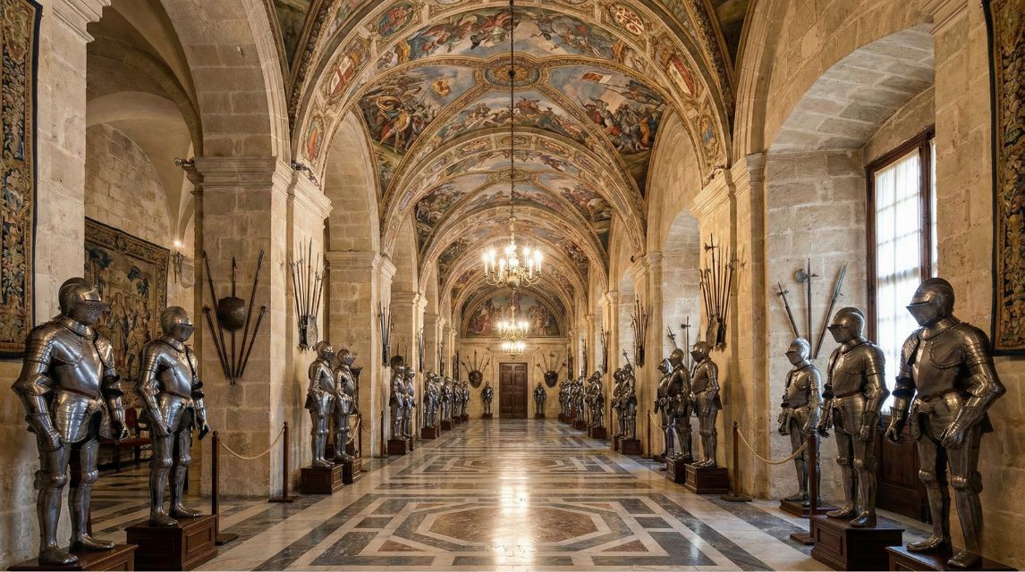 The historic Armoury corridor in the Grand Master's Palace, featuring suits of armor from the Knights of St. John