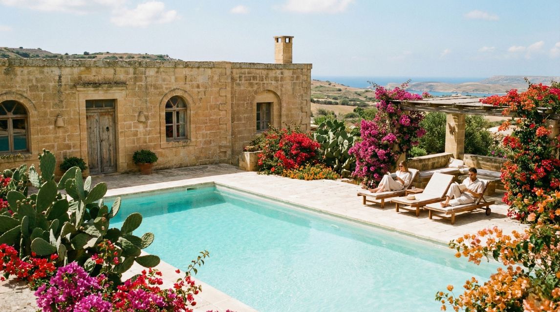 A luxury farmhouse with a pool in Gozo, offering a quiet retreat for French travelers in Malta.