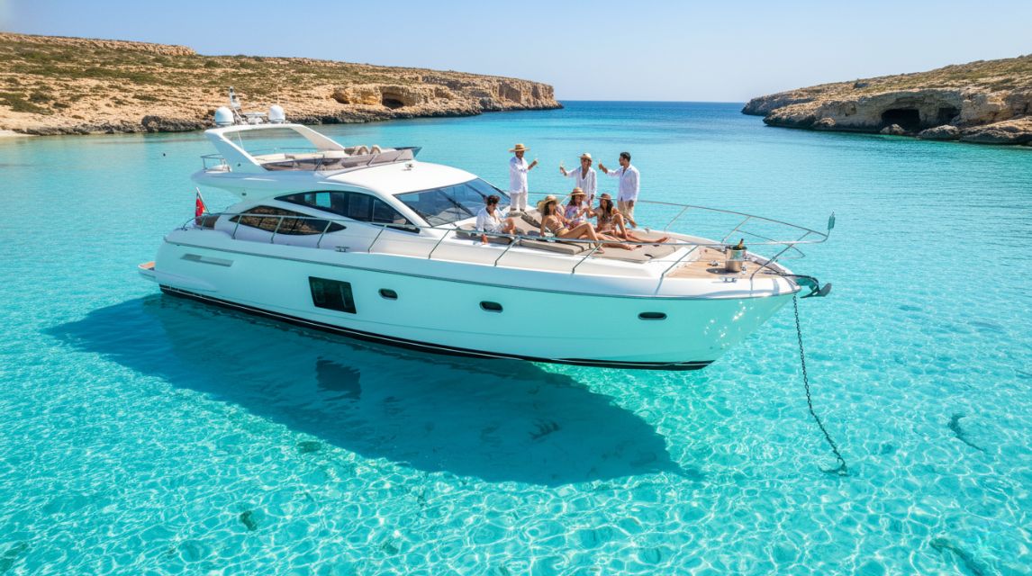  Luxury yacht anchored in the crystal clear Blue Lagoon Malta