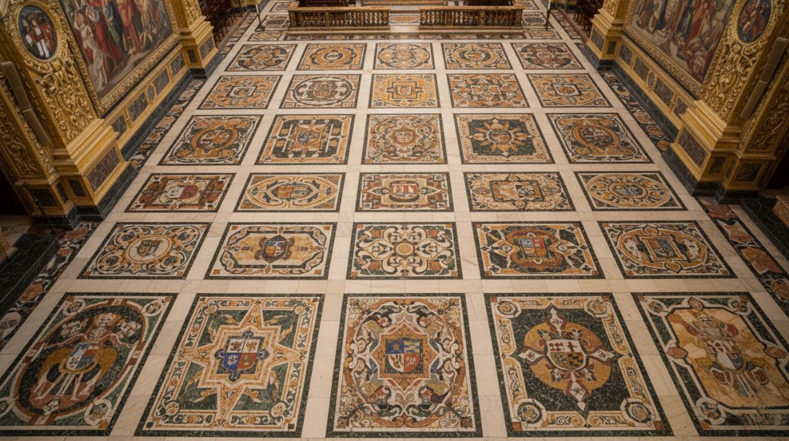 Intricate marble tombstones of French Knights inside St. John's Co-Cathedral, a highlight of Malta architecture.