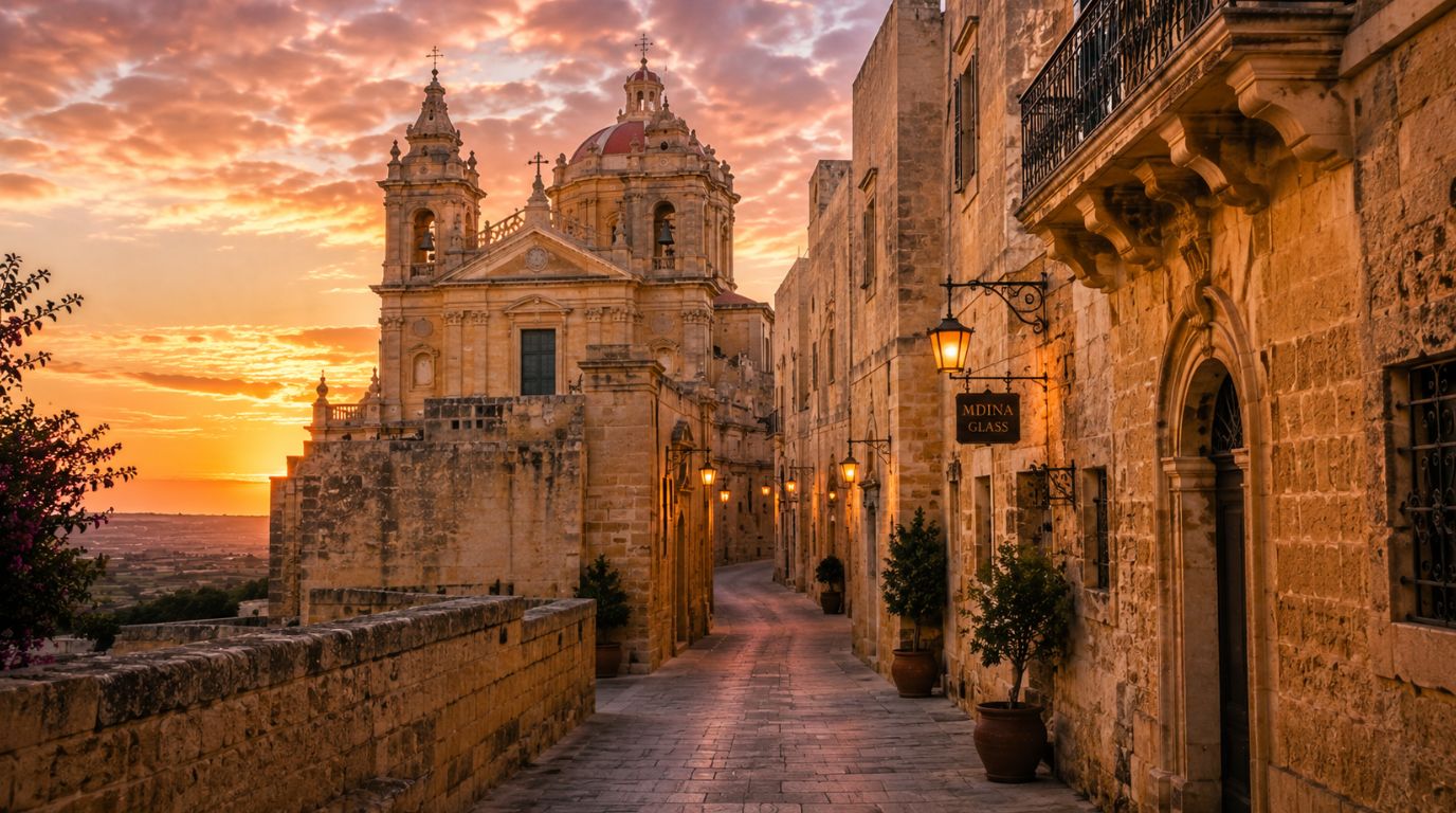 Mdina, a silent city in Malta, with golden streets and baroque architecture at dusk
