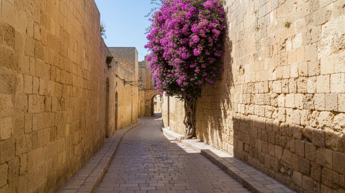 Narrow stone street in Mdina with flowering bougainvillea