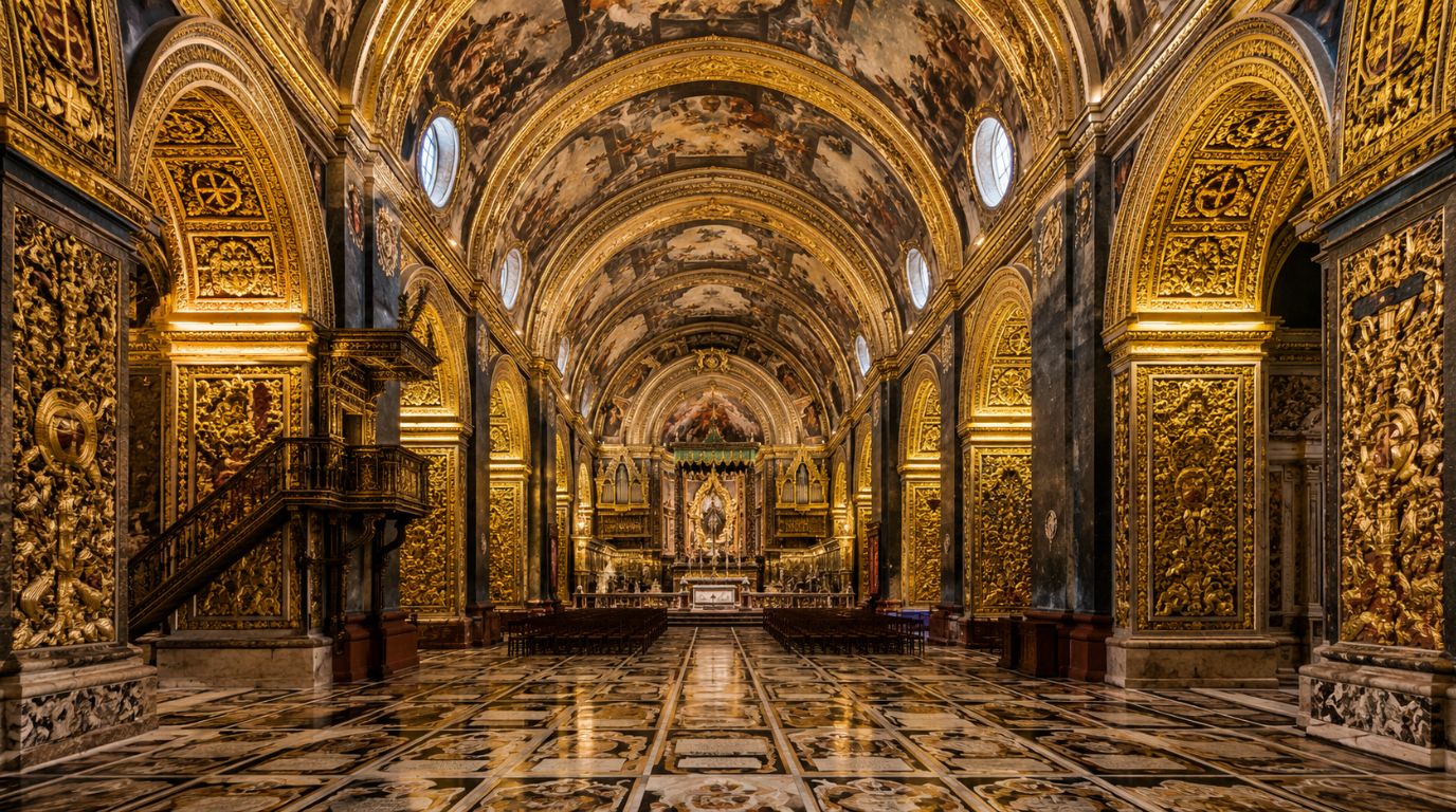  Interior of St John's Co-Cathedral, Malta, with baroque gold details and marble floor