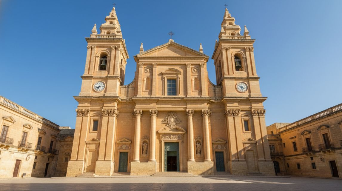 The Baroque facade of St. Paul's Cathedral in Mdina, a masterpiece of Malta architecture in the old capital.
