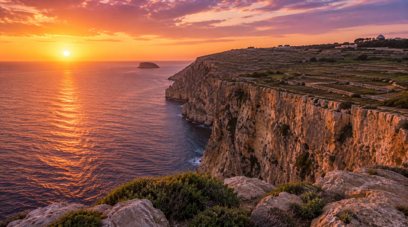 Dingli Cliffs, Malta, at sunset with dramatic coastline over the Mediterranean Sea