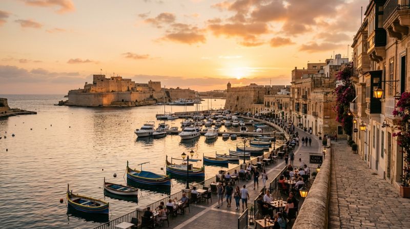 Vittoriosa harbour view in Malta with historic waterfront buildings