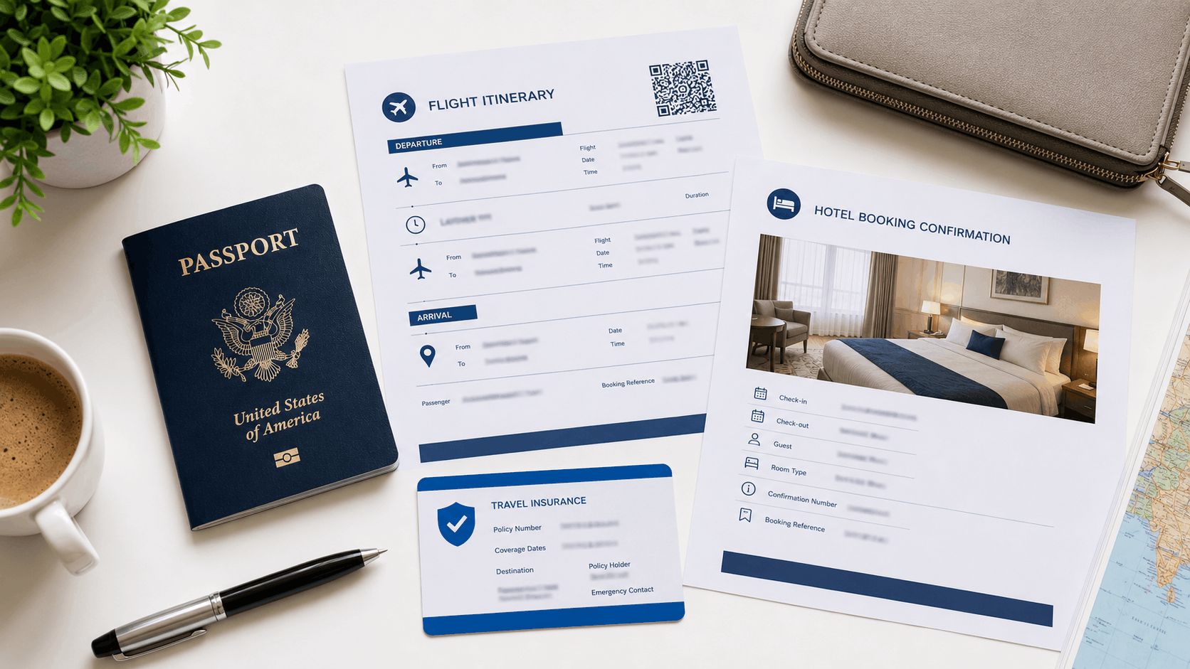 US passport with boarding pass and Malta hotel booking documents