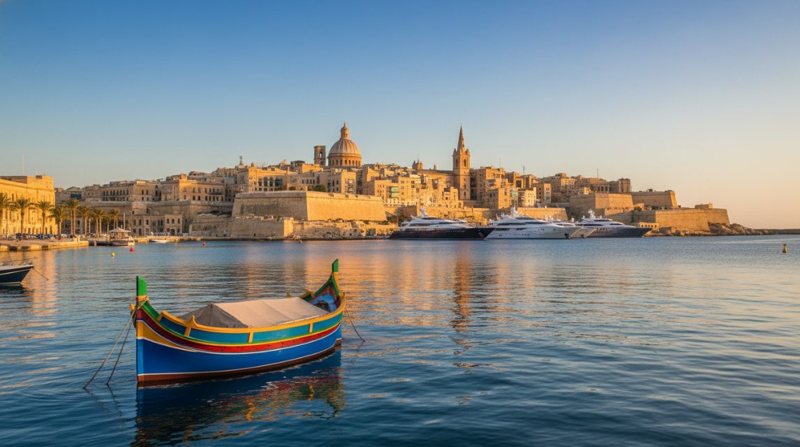 Panoramic view of Valletta Grand Harbour with traditional boats