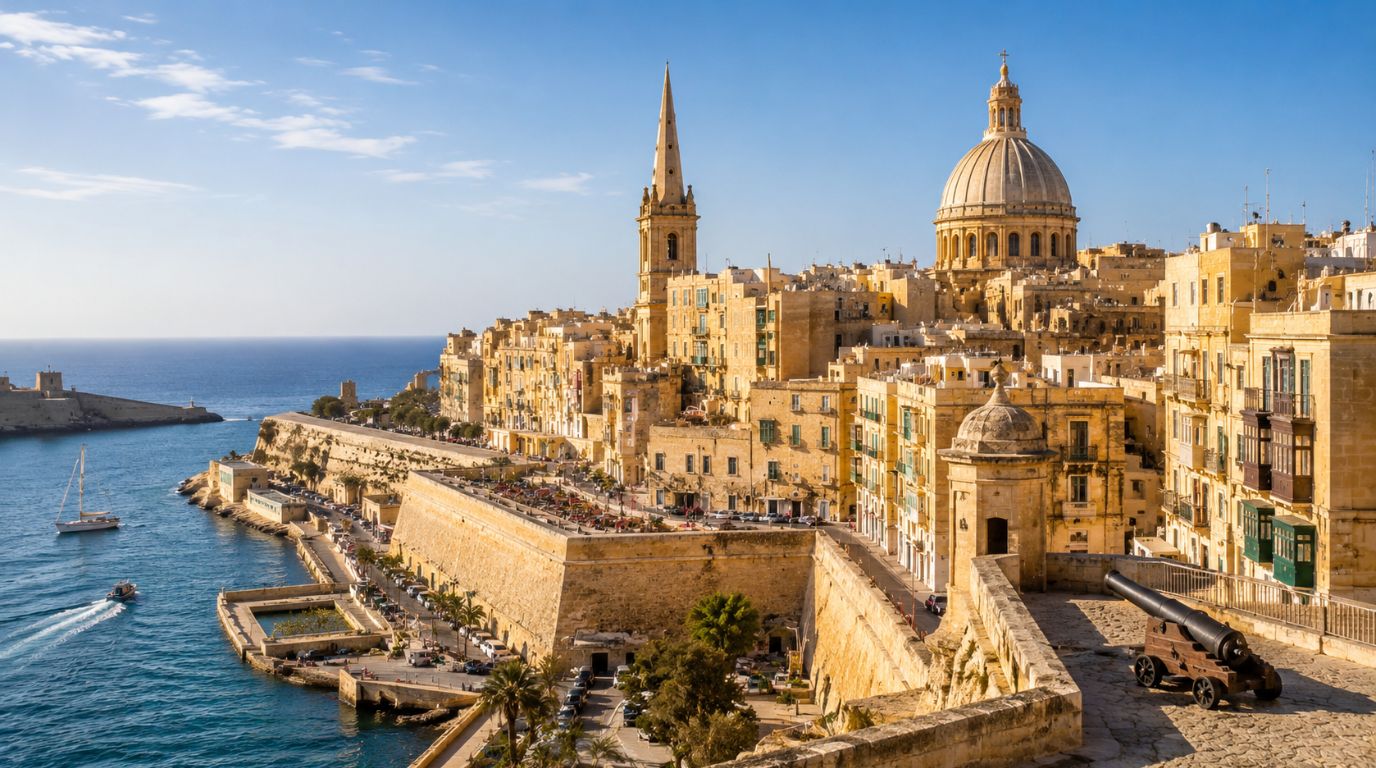 Valletta Malta capital city skyline with Grand Harbour and limestone architecture