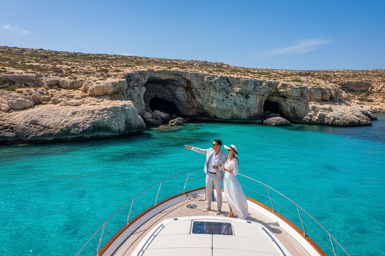 Private yacht at Blue Lagoon in Malta, representing exclusive travel experiences
