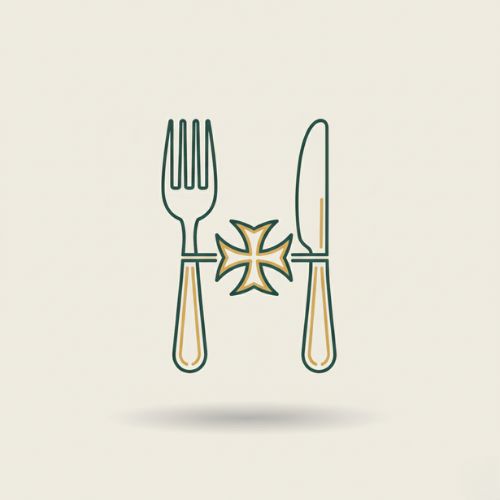 Icon of a wine glass or fine dining utensils with the Maltese cross