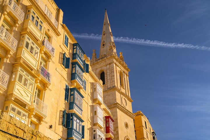 Valletta church spire and traditional Maltese balconies