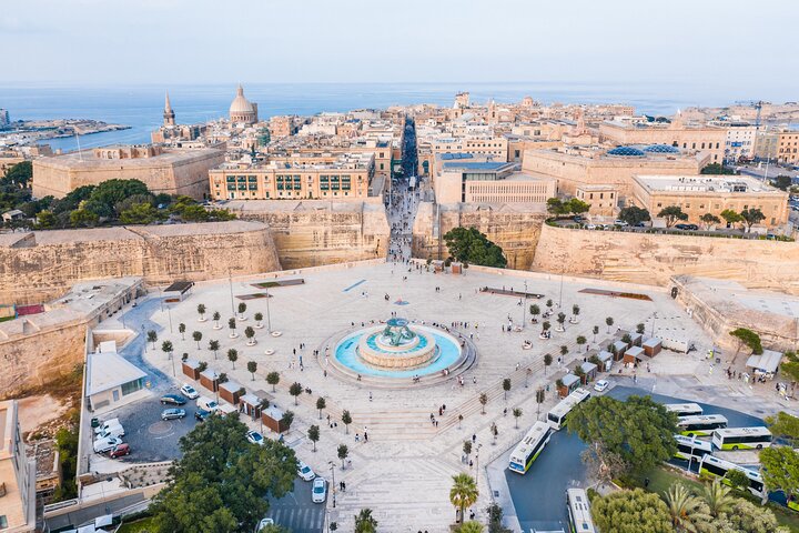 Aerial view of Valletta City Gate and fountain