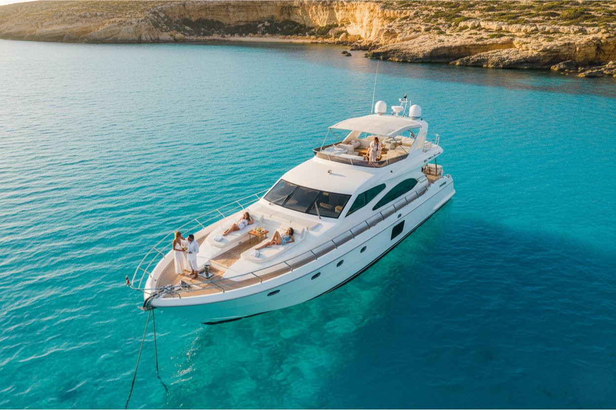 Yacht anchored near Blue Lagoon representing half-day and full-day private yacht charters