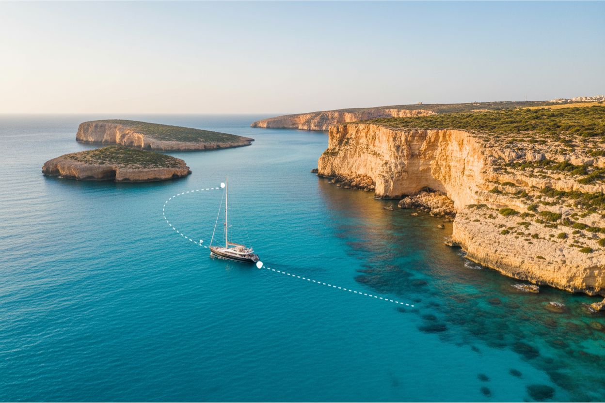 Yacht sailing between Malta, Gozo, and Comino 
                                        representing luxury island-hopping itineraries