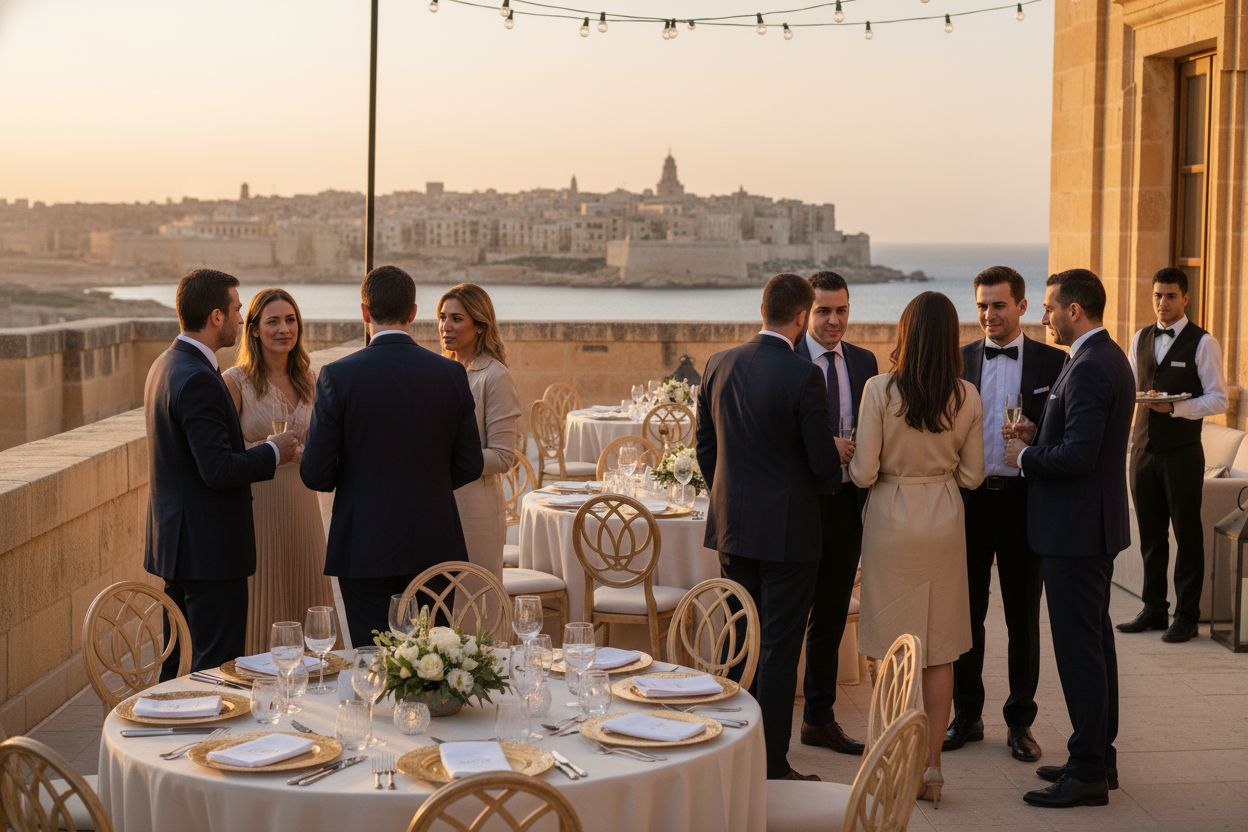 Luxury corporate event setup with scenic Malta backdrop