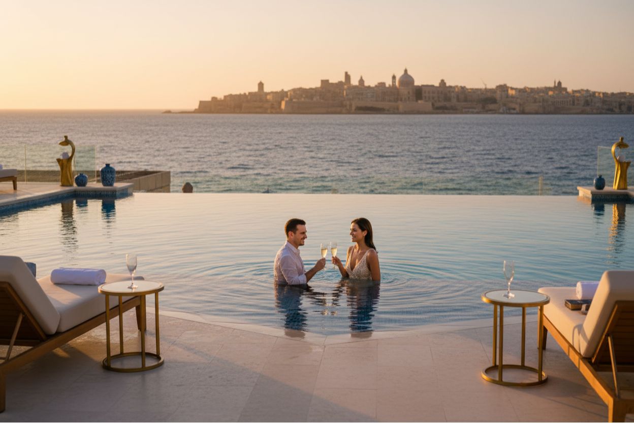 Luxury seaside resort in Malta with infinity pool and golden sunset view, representing five-star holiday experience