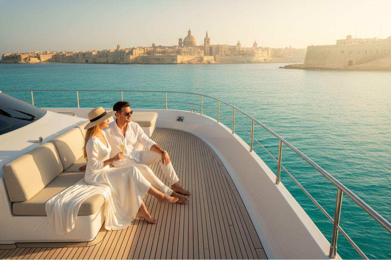 Luxury yacht cruising near Blue Lagoon, Malta with a couple enjoying champagne and sunrise view
