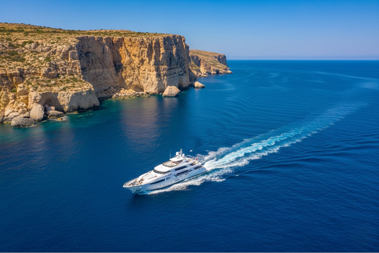 Luxury yacht sailing near Malta’s cliffs symbolizing private Mediterranean voyage