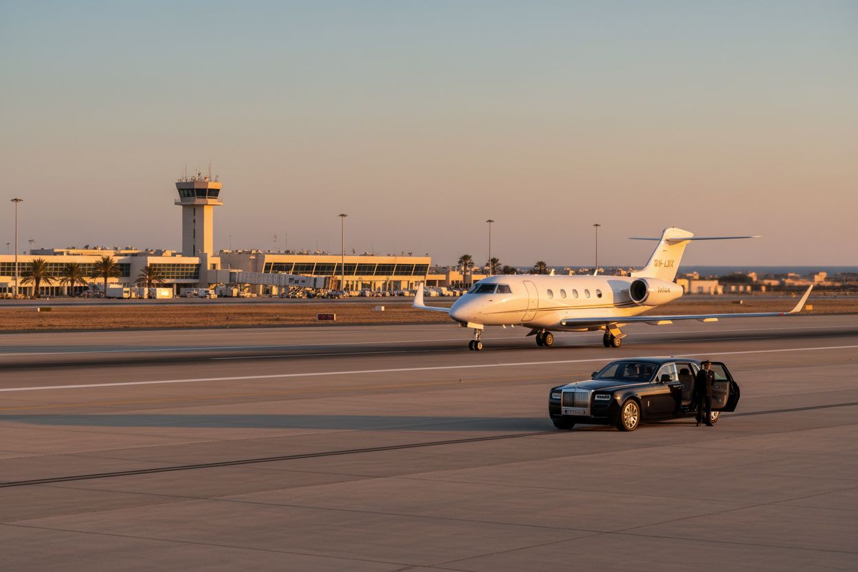 Private jet and luxury car at Malta International Airport representing seamless connectivity