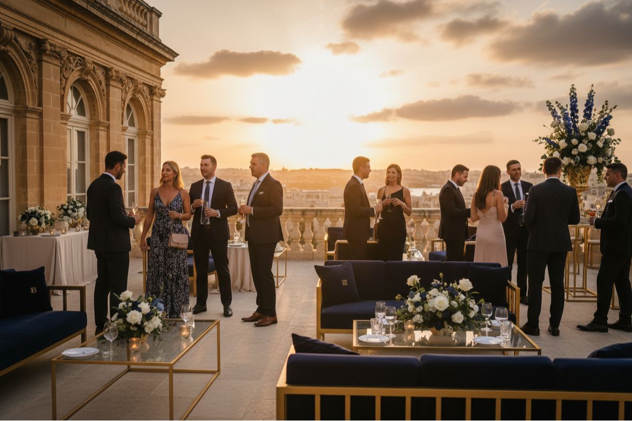 Elegant sunset networking on a rooftop in Malta