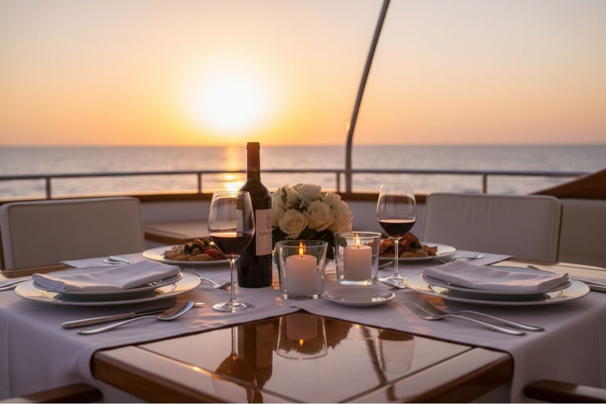 Fine dining setup on yacht deck in Malta during sunset symbolizing tailored onboard luxury experience