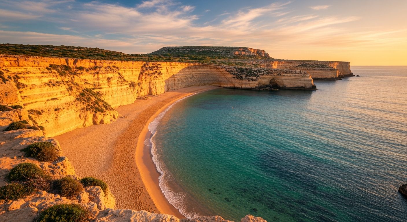 Panoramic golden-hour view of Golden Bay and Għajn Tuffieħa in Malta