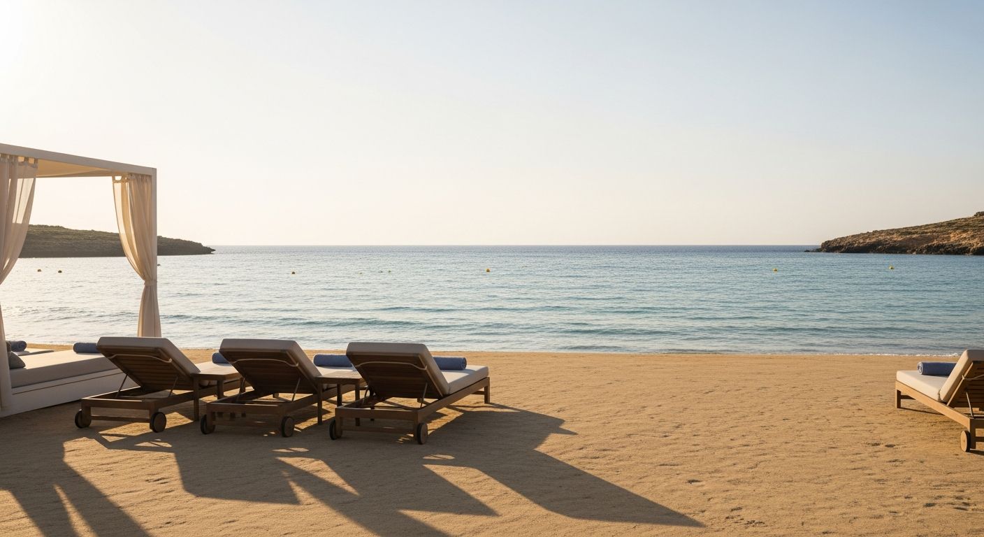 Luxury beach setup overlooking Malta’s turquoise water at golden hour