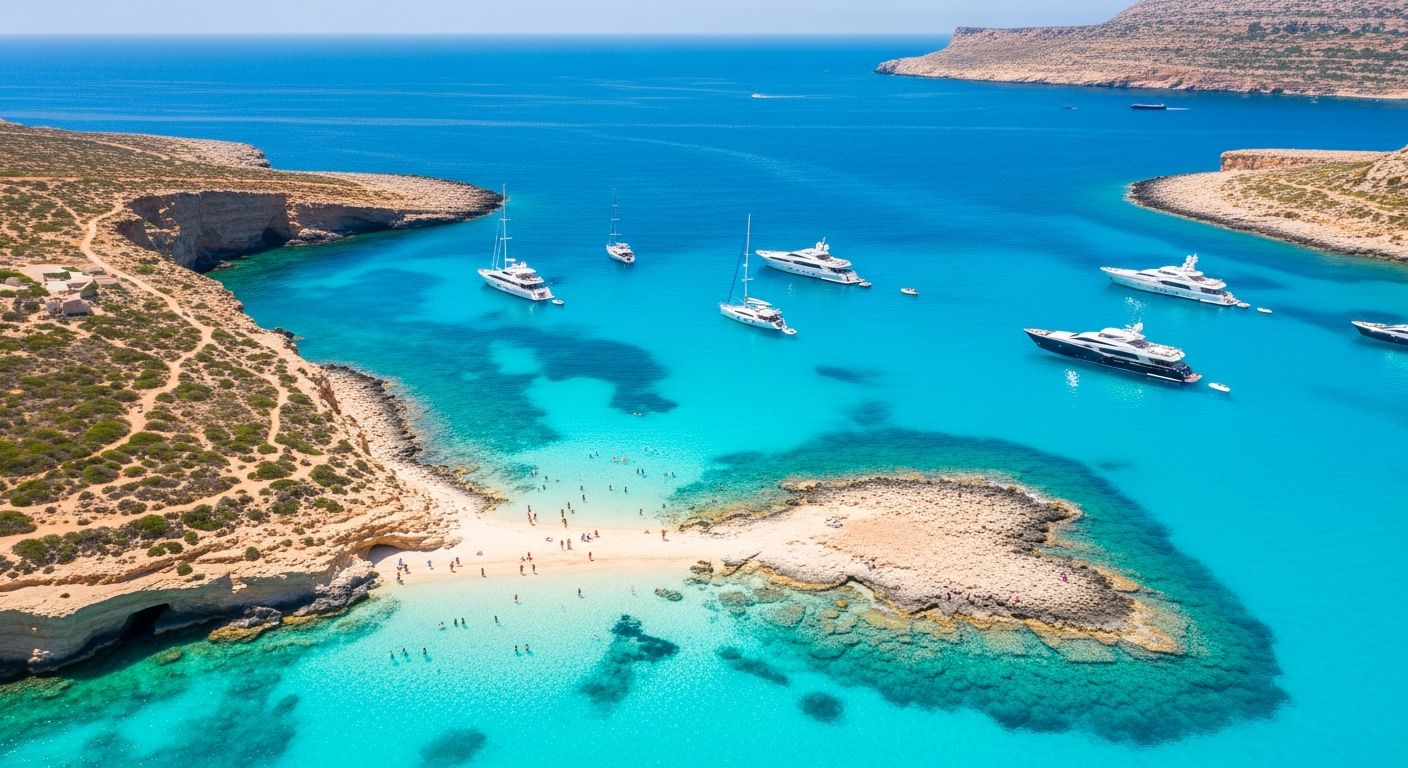 Panoramic aerial view of the Blue Lagoon and Comino coastline with turquoise water