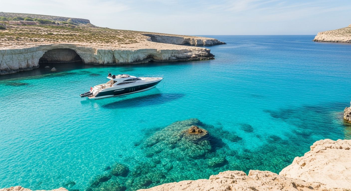 Luxury private yacht anchored in the Blue Lagoon’s turquoise water
