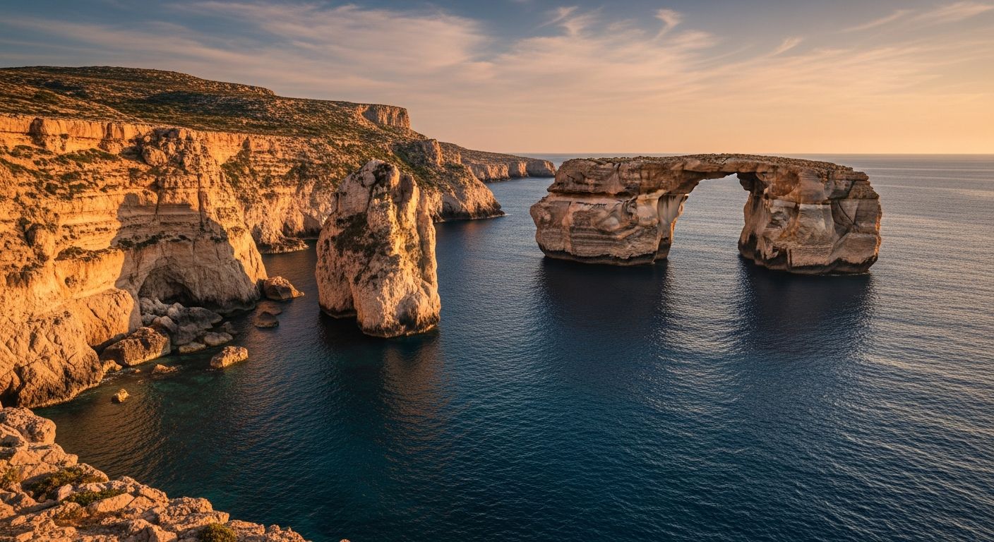 Golden-hour panoramic view of Gozo’s Dwejra cliffs and blue sea