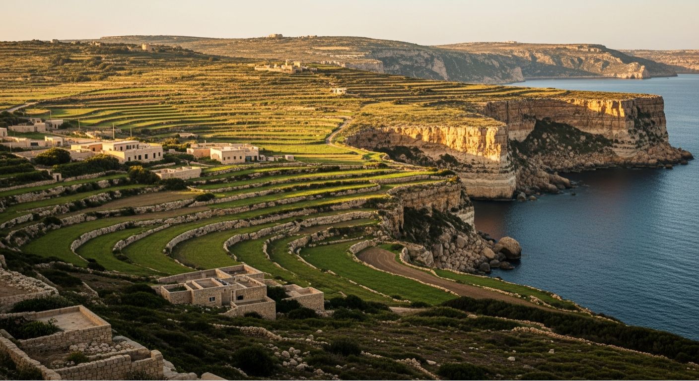 Panoramic view of Gozo’s cliffs, green fields, and blue sea at golden hour