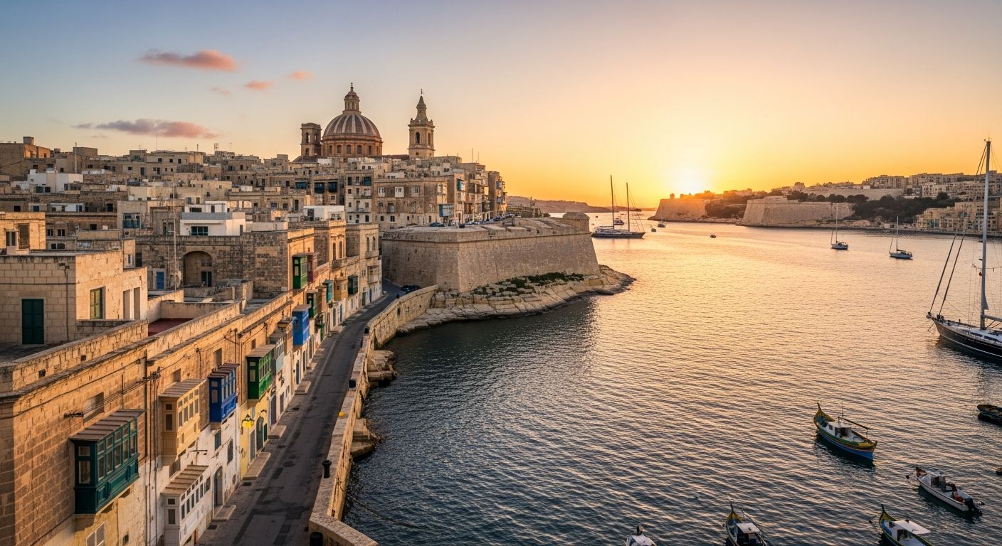 Golden-hour panoramic view of the Three Cities and Grand Harbour in Malta