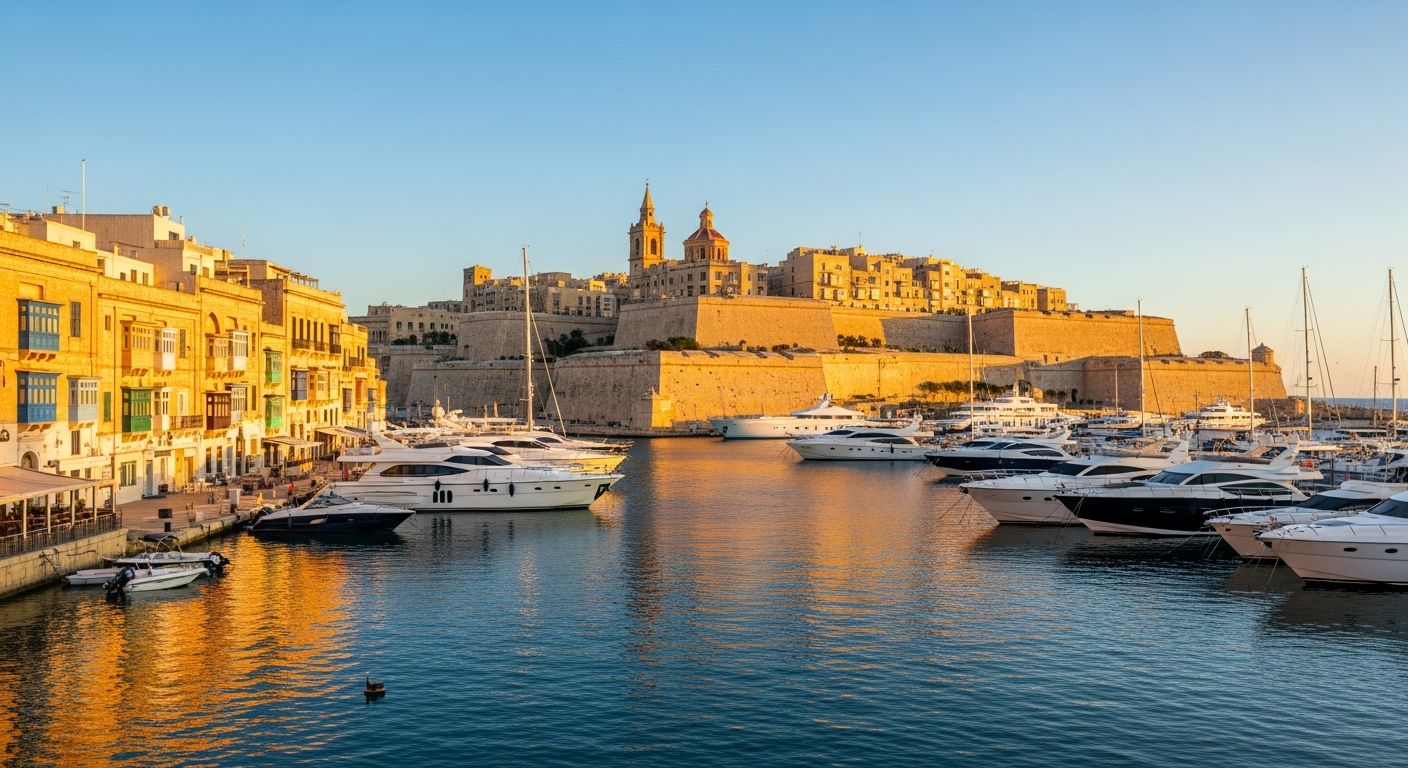 Golden-hour panoramic view of the Three Cities and Grand Harbour in Malta