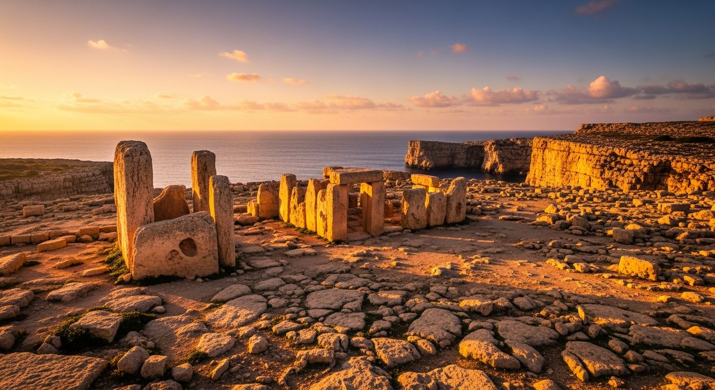Panoramic view of Malta’s UNESCO megalithic temples overlooking the Mediterranean