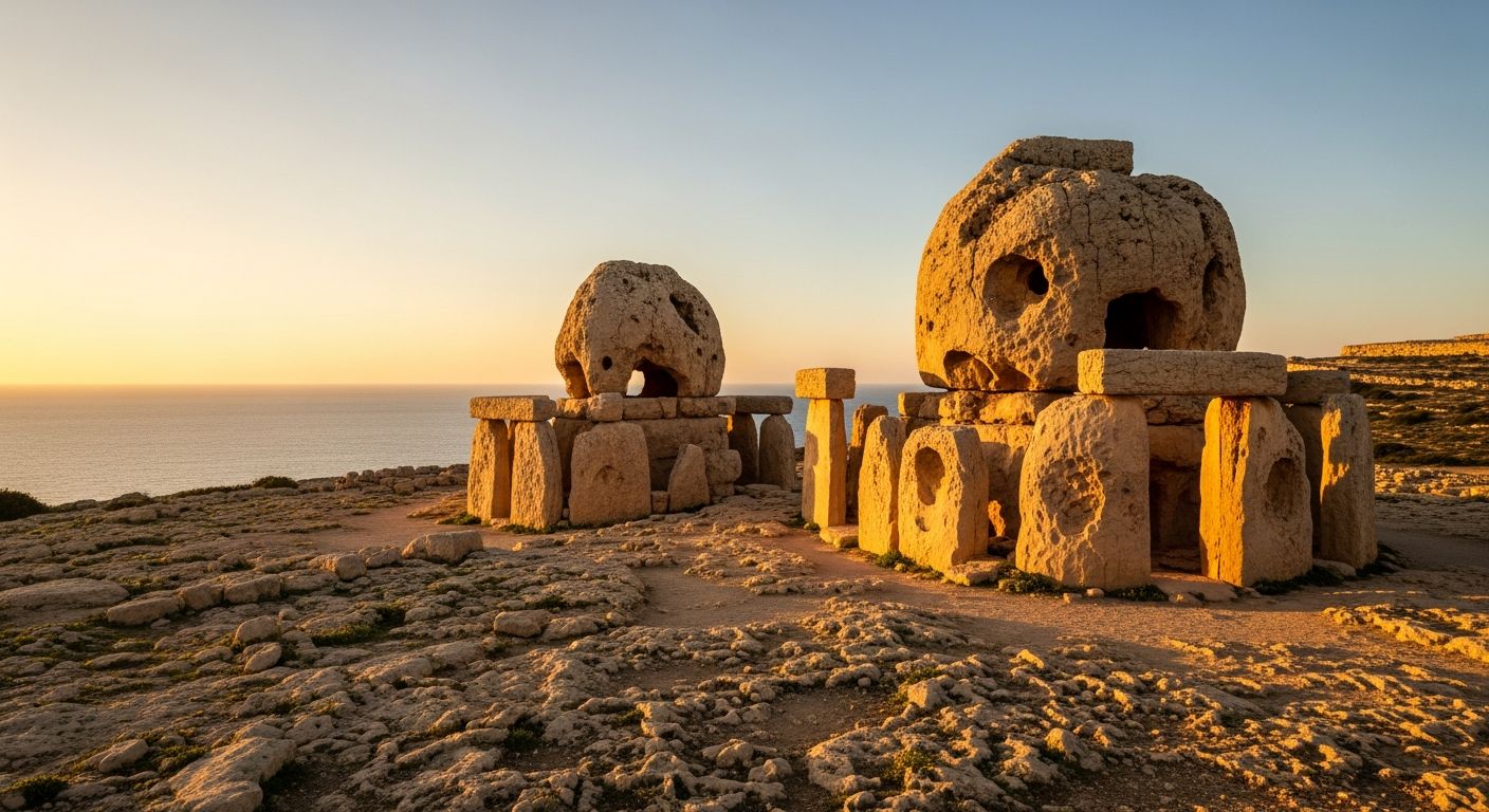 Golden-hour panoramic view of Malta’s UNESCO megalithic temples