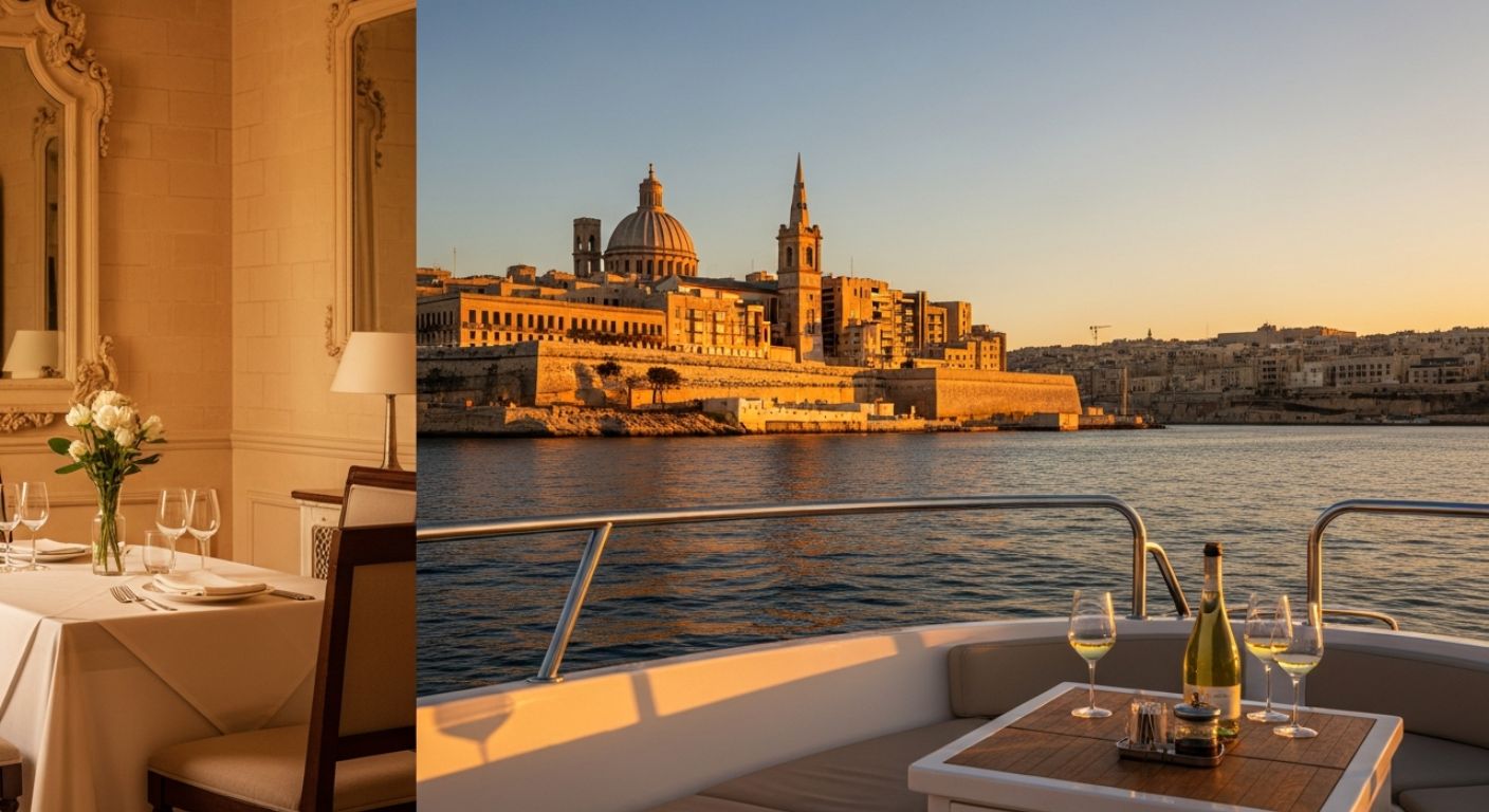 Dîner élégant et vue sur La Valette au coucher du soleil
