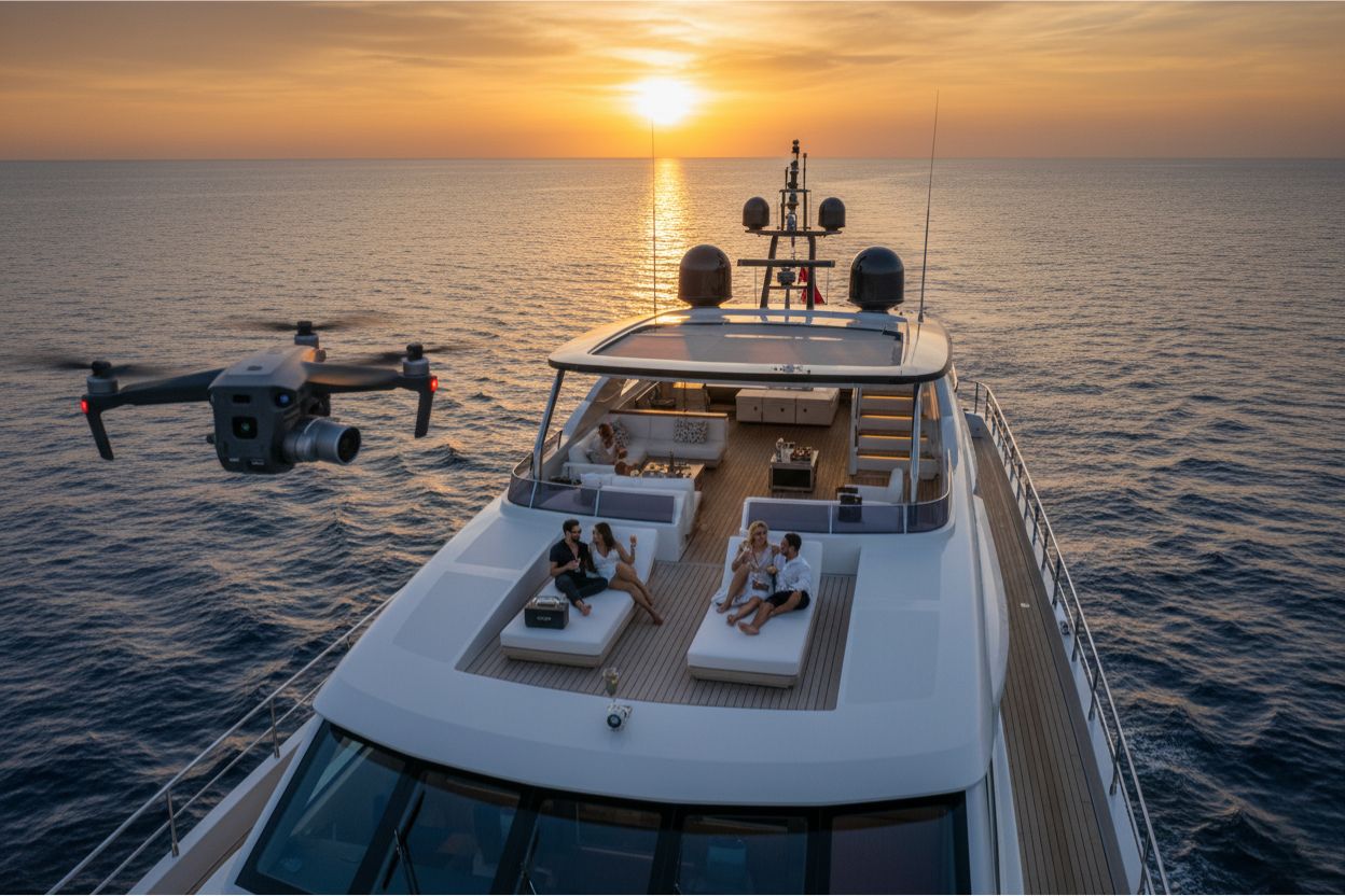 Drone capturing luxury yacht at sunset 
                                    representing photography and entertainment add-ons