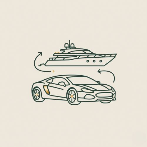 Icon of yacht and car route path representing seamless transfers and logistics